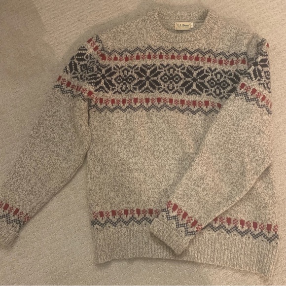 Vintage LL BEAN Wool Fair Isle Sweater Light Beige Blue and Red Size Large - Picture 1 of 7